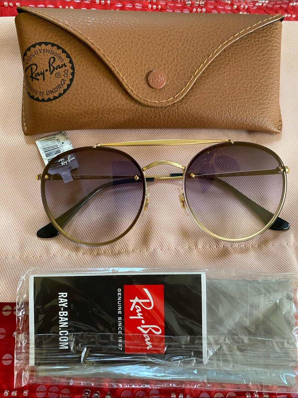 Ray-Ban Made in Italy 🇮🇹 Gold Logo Unisex Metallic Frames Bluish Lenses NWT